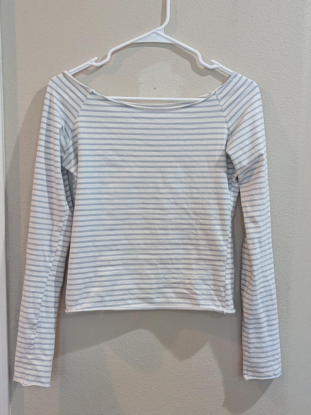 Striped Long-Sleeved Off The Shoulder Top - White & Light Blue